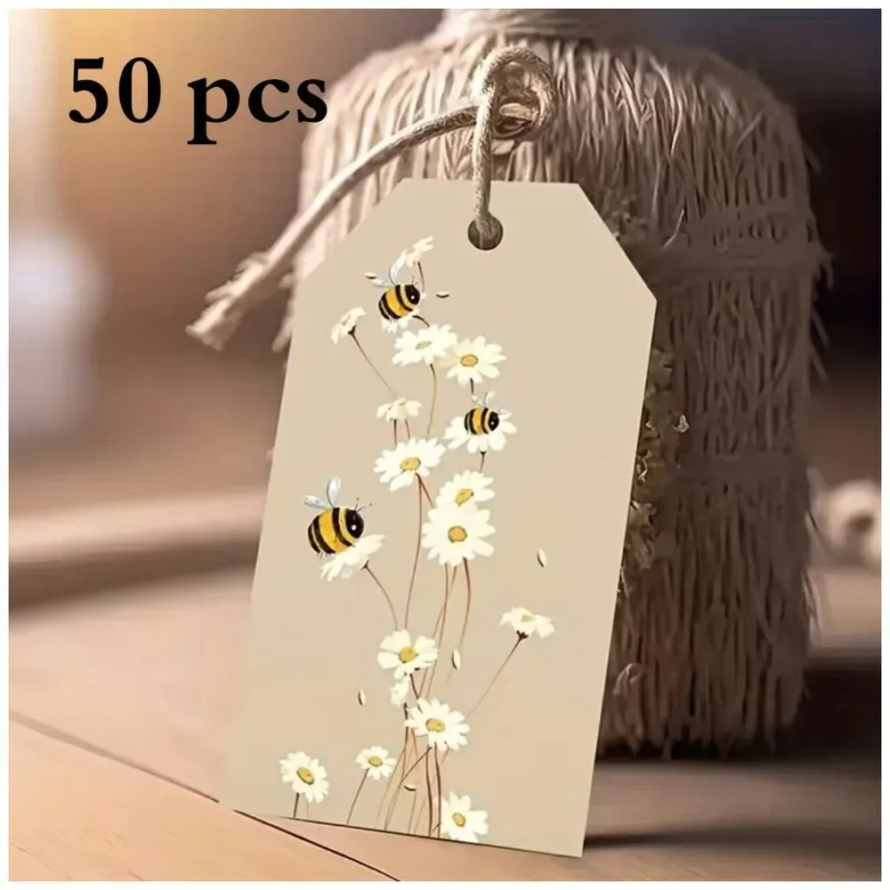 50pcs Bee & Daisy Gift Tags Farmhouse Style Beige & Brown Cottagecore Minimalist